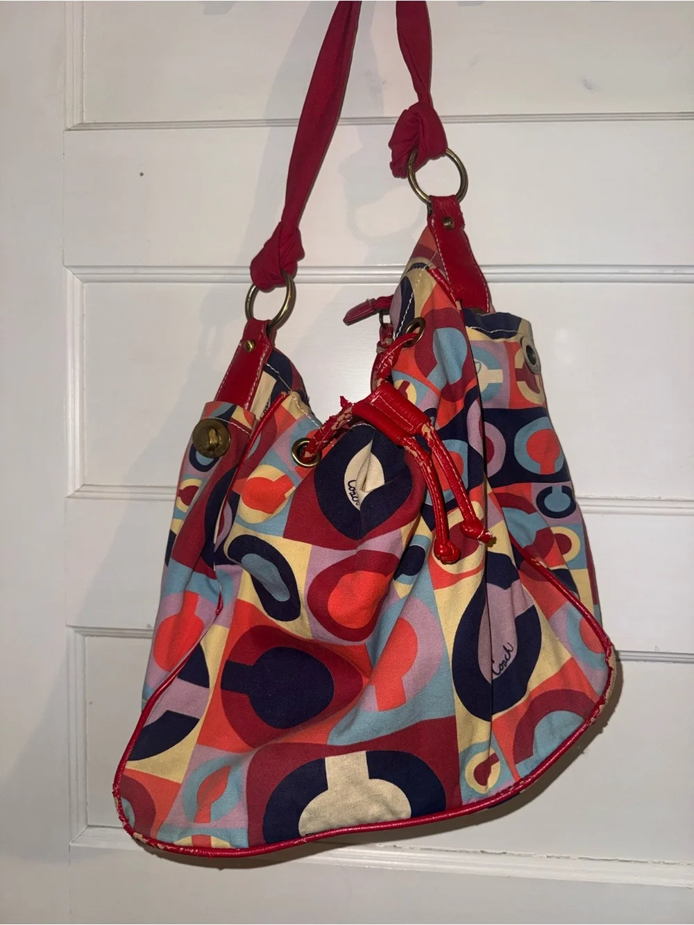 Coach Multicolor Pattern Shoulder Bag with Red Leather Trim